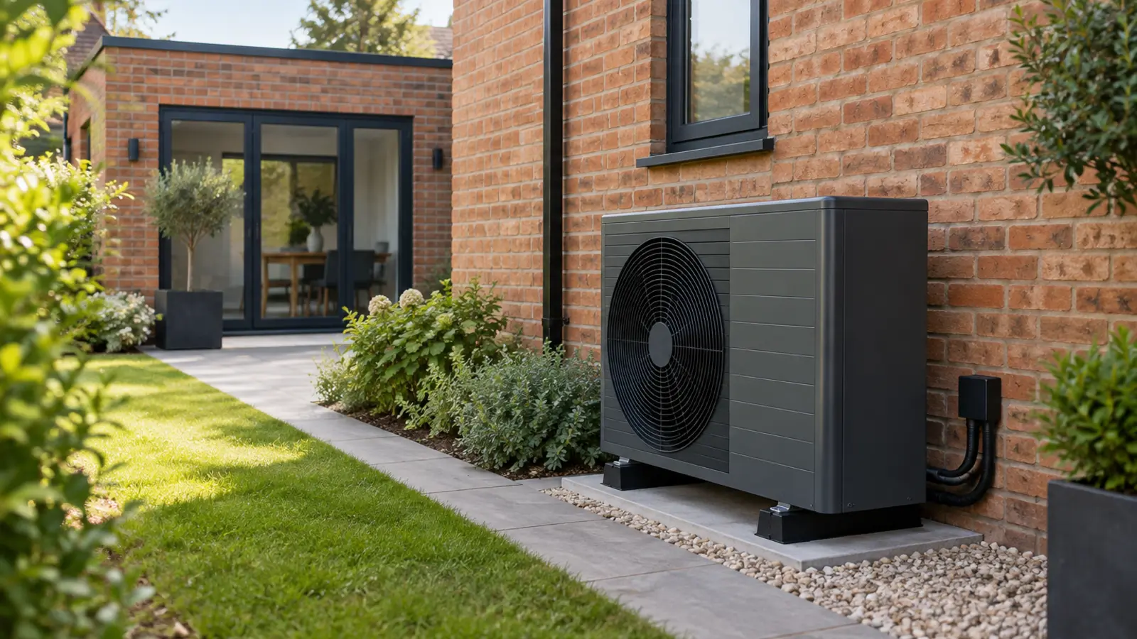 A neatly installed air-source heat pump beside a modern brick home